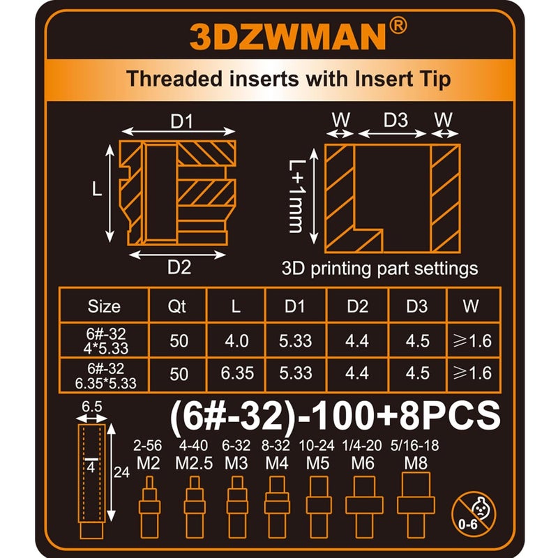 3DZWMAN #6-32 Threaded Inserts with M2-M8 Heat Set Insert Tools,Brass UNC knurled Nuts for 3D Printing Components and Plastic Parts (50Pcs #6-32 * 4 * 5.33 and 50Pcs #6-32 * 6.35 * 5.33) - Image 3